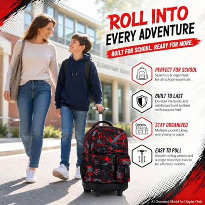 CCJPX 3Pcs Rolling Backpack for Boys, Roller Wheeled School Bookbag, Graffiti Wheels Backpacks with Lunch Box for Kids (Red) - color: Graffiti Red