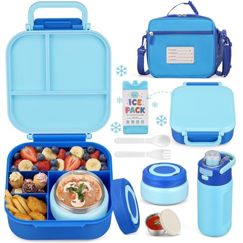 Bento Lunch Box for Kids with 7oz Soup Thermo,Insulated Stainless Steel Kids Water Bottle with Straw and Insulated Lunch Bag,Leak-Proof Lunch Food Container with Ice Pack for School(Blue) - color: Blue