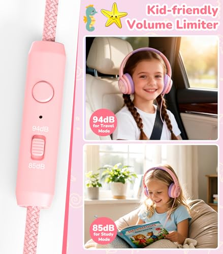 Bywulanda USB-C Kids Headphones with Mic, Safe Volume Limiter 85/94dB, Adjustable Headband, Foldable Wired Headphones for Boys & Girls, Over Ear Headphones for School/Chromebook/Tablet/Laptop/Travel - color: Bright pink
