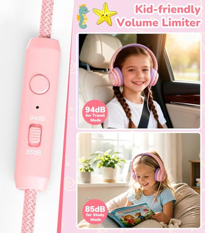 Bywulanda USB-C Kids Headphones with Mic, Safe Volume Limiter 85/94dB, Adjustable Headband, Foldable Wired Headphones for Boys & Girls, Over Ear Headphones for School/Chromebook/Tablet/Laptop/Travel - color: Bright pink