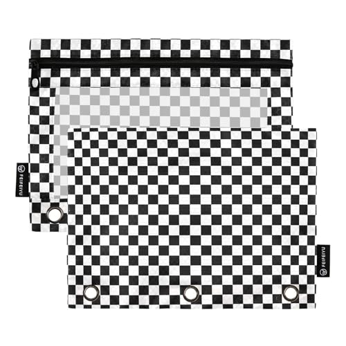 2 Pack 3 Ring Binder Pencil Pouch Racing Checkered Flag Pencil Case Pencil Bags with Zipper, Clear PVC Binder Pockets for Office Daily Supplies - color: Color 19