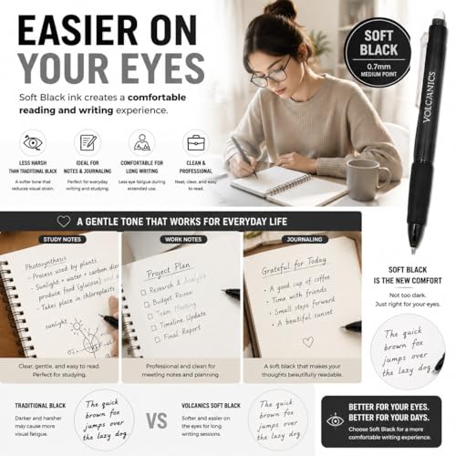 Volcanics Retractable Erasable Gel Pens, Soft Black, 0.7mm, 12 Pack | Click Erasable Gel Ink Pens With Refillable Design, Smooth Writing And Easy Erasing For School, Office Supplies And Daily Use - color: Black