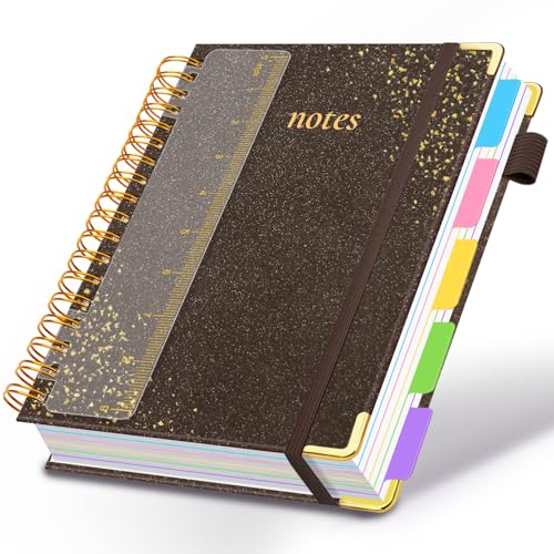 Hardcover Spiral Notebook with Removable Dividers & Tabs, 8"x10" 5 Subject Notebooks for Work, 300 Pages College Ruled Notebook, B5 Sparkle Lined Journal for Women Girls Note-Taking (Brown) - color: Brown, size: 8''x 10''