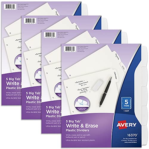 Avery Durable Plastic Write & Erase Big Tab Dividers for 3 Ring Binder, White, 5 Tab Set, 4 Packs, 4 Sets Total (16370) - style: 4 Sets