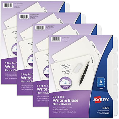 Avery Durable Plastic Write & Erase Big Tab Dividers for 3 Ring Binder, White, 5 Tab Set, 4 Packs, 4 Sets Total (16370) - style: 4 Sets
