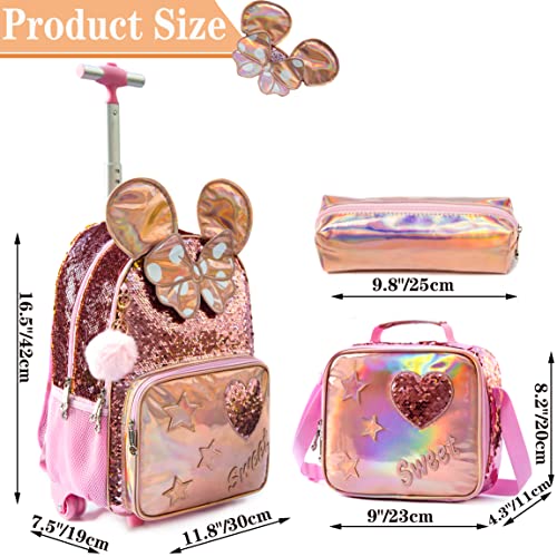 Meetbelify Rolling Backpack for Girls School Backpack with Lunch Box for Elementary Student Wheels Roller Trolley Luggage - color: 05 3pcs Rolling Backpack