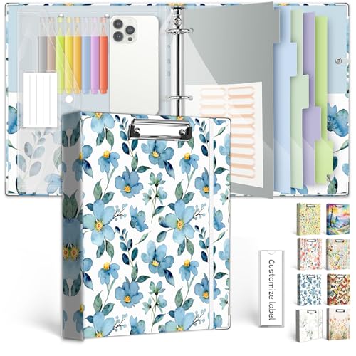 3 Ring 1 Inch Binder Organizer, KLLVE Three Ring Binders with Clipboard, 5-Tabs Pockets Dividers, Plastic Folder, 18 Divider Stikers,Pen Loop (Blue Flora, Letter Size) - color: Blue Flora, size: 1in（Letter Size）