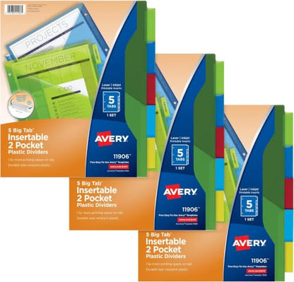 Avery Dividers for 3 Ring Binders, 5-Tab Sets, Two-Pocket Plastic Binder Dividers with Tabs, Multicolor, 3 Sets (71906) (Pack of 8) - size: 5 Tab (Pack of 8)