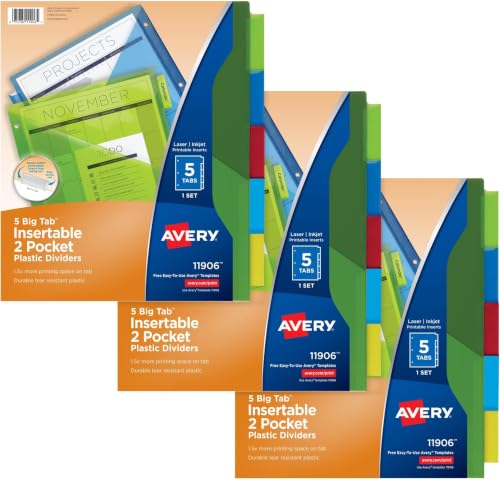 Avery Dividers for 3 Ring Binders, 5-Tab Sets, Two-Pocket Plastic Binder Dividers with Tabs, Multicolor, 3 Sets (71906) (Pack of 8) - size: 5 Tab (Pack of 8)