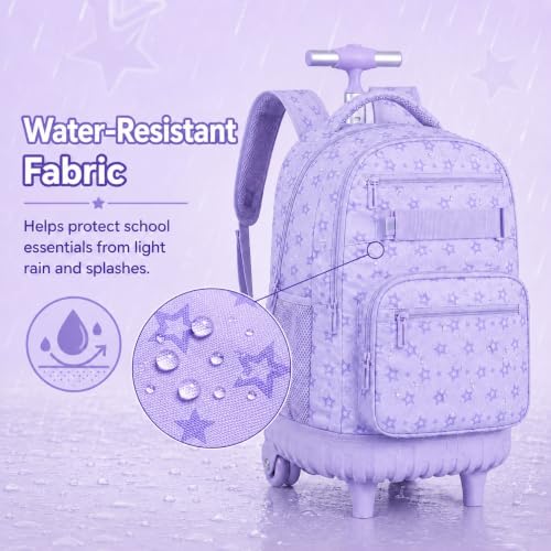 HPJGD 3PCS Girls Rolling Backpack, Purple Star Wheeled School Backpacks, Water-Resistant Roller Bookbag Set - color: Purple Star Rolling Backpack Set