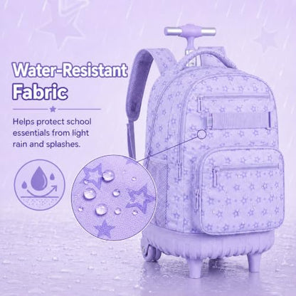 HPJGD 3PCS Girls Rolling Backpack, Purple Star Wheeled School Backpacks, Water-Resistant Roller Bookbag Set - color: Purple Star Rolling Backpack Set