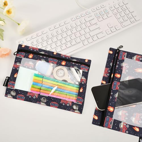Fire Fighting Truck Binder Pouches 3 Ring for Boys Girls School Office College Supplies Cars Doodle Pattern Pencil Pouches Case Bag with Clear Window and Zipper 2 Pack - color: Fire Truck