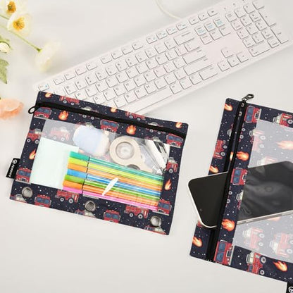 Fire Fighting Truck Binder Pouches 3 Ring for Boys Girls School Office College Supplies Cars Doodle Pattern Pencil Pouches Case Bag with Clear Window and Zipper 2 Pack - color: Fire Truck