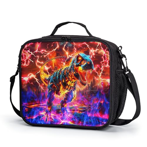 Dinosaur Lunch Box Boys Girls Insulated Lunch Bag Red Blue Fire Lava Lightning Dino Lunchbox Kids Toddler Lunch Tote Bags Thermal Reusable Lunch Cooler Pack for School Picnic Hiking - color: Dinosaur Red Blue