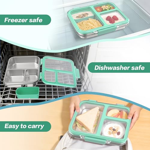 Stainless Steel Bento Box for Kids, 3-Compartment Metal Lunch Box with Clear Lid & Removable Silicone, Lunch Box Kids with Silicone Inner Container for Meal Prep, School, Office (Blue) - color: Blue