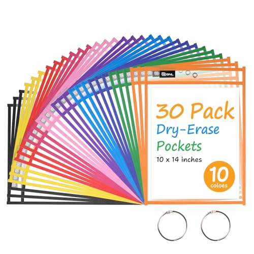 GNL Dry Erase Pocket Sleeves 30 Packs, Reusable Clear Plastic Ticket Holders with Rings, Durable & Easy-to-Erase Sheet Protectors, Assorted Colors 10x14 Inch for Classroom & School Teacher Supplies - color: Assorted Colors, size: 30 Packs