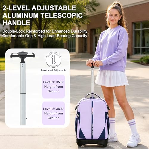 NEW TILAMI 18 Inch Expandable Rolling Backpack with 6-Wheel Stair Climbing, Waterproof Wheeled School Bag with 15.6" Laptop Sleeve for Boys Girls, Carry-on Luggage 98cm Dual-Height Handle - Purple - color: Purple
