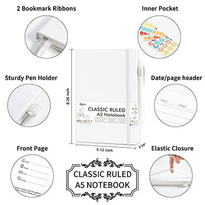 feela 12 Pack Notebooks Journals Bulk, Hardcover Notebook Classic Ruled Lined Journals with Pen Holder for Women Girls School Business Supplies, with 12 Black Pens, 120 GSM, 5.1”x8.3”, A5, White - color: 12 White