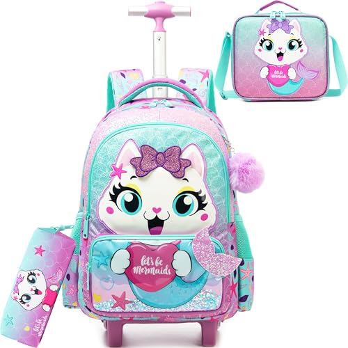 Cute Cat Rolling Backpack with Wheels for Elementary Preschool Students Kids Travel Luggage Carry on Backpack for Girls Ages 6-8 - color: 01 Mermaid Cat