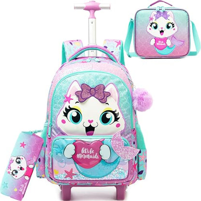 Cute Cat Rolling Backpack with Wheels for Elementary Preschool Students Kids Travel Luggage Carry on Backpack for Girls Ages 6-8 - color: 01 Mermaid Cat