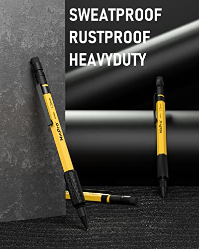 Nicpro 3 PCS 1.3 mm Mechanical Pencil Set with 48 Lead Refills, 3 Eraser - Weatherproof Metal Barrel, Heavy Duty Carpenter Pencil MP2000 for Outdoor Marking Drafting Drawing Woodworking - with Case - style: 3 Pack (Yellow)