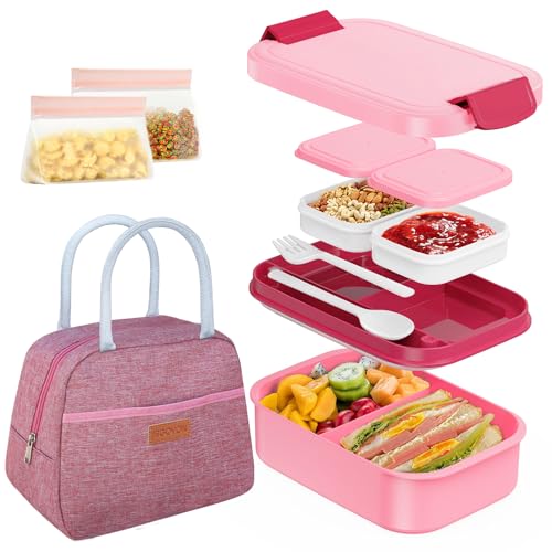 JBGOYON 4-in-1 Bento Box and Insulated Lunch Bag Set, Pink | 6-hour insulation, 7.5 L lunch bag, leakproof 1.9 L container with 2 sauce cups, fork and spoon, 2 snack bags, BPA-fre - color: Pink