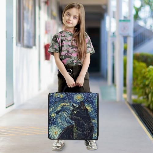 3 Ring Binder Zipper Binders Van Gogh Starry Sky Black Cat Expanding File Folder Bag with Shoulder Strap