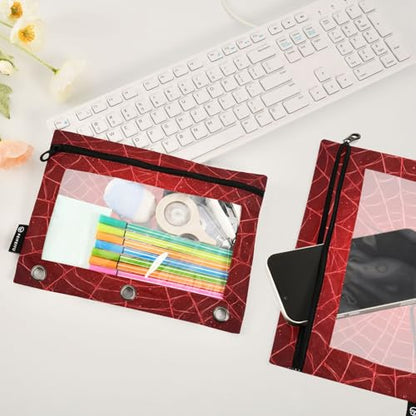 Pencil Pouch 3 Ring Halloween Spider Web Red Zipper Pencil Pouches Case Binder Cosmetic Bag 2 Pack for Office School College Supplies - color: Halloween Spider Web Red