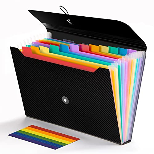 Expanding File Folder, 13 Pockets Accordion File Holder Organizer, A4 Letter Size Paper Document Receipt Organizer Accordian Filing Folder for Classroom, Home, Office and Travel - color: Black+multicolor