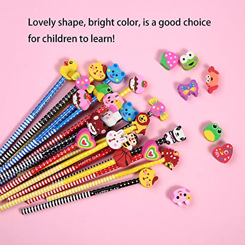 28PCS Assorted Cartoon Stripe Pencils with Fruit Animal Top Eraser for Kids | Topper for Kids School Supplies and Children Prize Gifts (28)