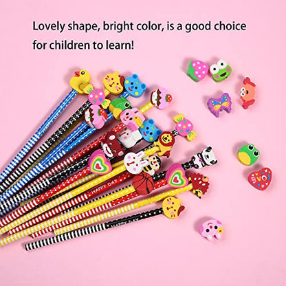 28PCS Assorted Cartoon Stripe Pencils with Fruit Animal Top Eraser for Kids | Topper for Kids School Supplies and Children Prize Gifts (28)