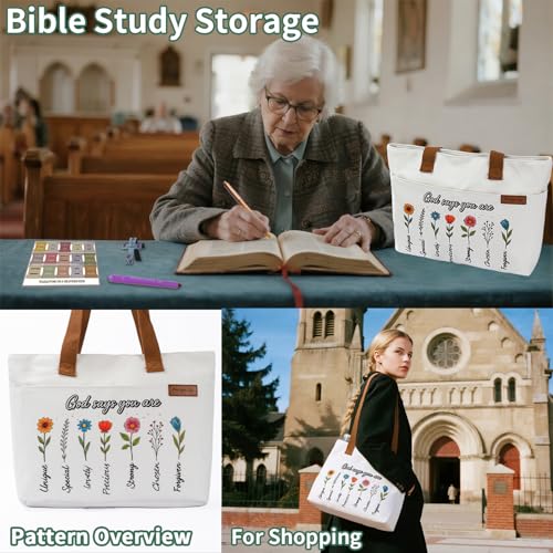 25 PCS Bible Study Supplies Kit, Large Capacity Canvas Tote Bag for Women Organizer, Bible Highlighters and Quick Dry Pens No Bleed Through, Notebook Bible Tabs Cross Bookmark Journaling Accessories - color: White
