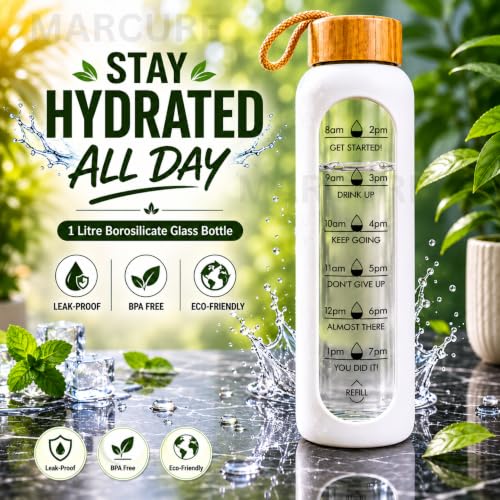 1 Litre Borosilicate Glass Water Bottle, Motivational Hydration Tracker Bottle with Bamboo Lid, Protective Silicone Sleeve | Reusable Bottle, Leak-Proof, BPA-Free, Time Marker, White - color: White