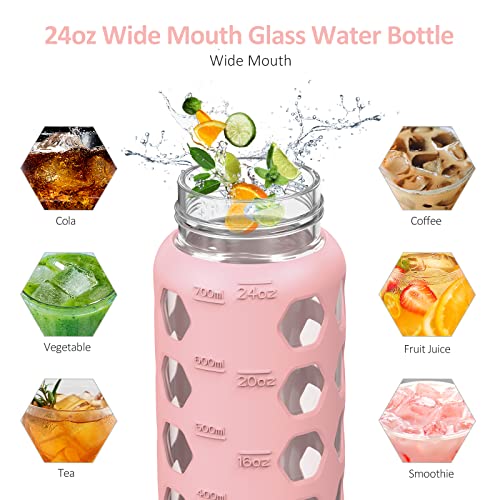 MUKOKO 24oz Glass Water Bottle, Pink | Glass Tumbler with Straw, Drinking Bottles with 2 Lids-Handle Spout Lid & Bamboo Straw Lid, Silicone Sleeve, 1 Pack - color: Pink, size: 24 Ounces