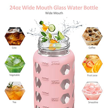 MUKOKO 24oz Glass Water Bottle, Pink | Glass Tumbler with Straw, Drinking Bottles with 2 Lids-Handle Spout Lid & Bamboo Straw Lid, Silicone Sleeve, 1 Pack - color: Pink, size: 24 Ounces