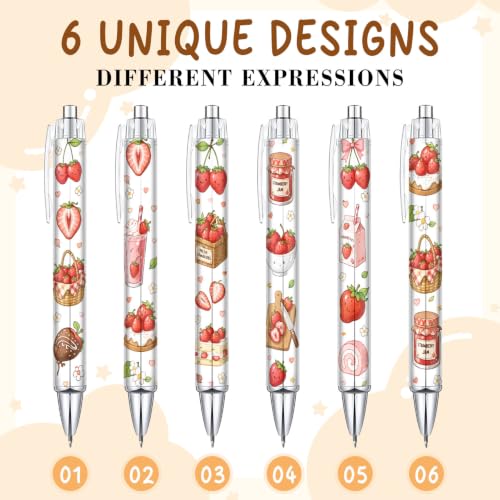6 Pcs Cute Strawberry Pens for Girls Teens, Kawaii Fruit Ballpoint Pen Set, Aesthetic School Supplies, Teacher Gifts, Classroom Rewards, Cute Office Accessories