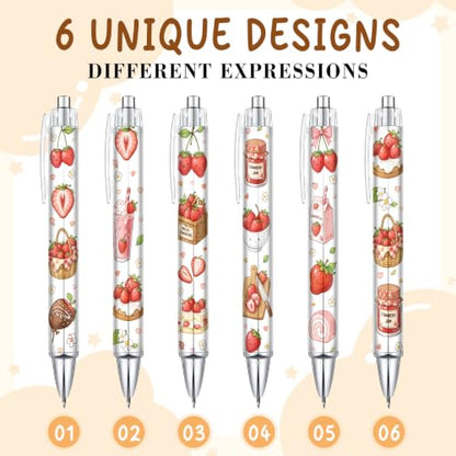 6 Pcs Cute Strawberry Pens for Girls Teens, Kawaii Fruit Ballpoint Pen Set, Aesthetic School Supplies, Teacher Gifts, Classroom Rewards, Cute Office Accessories