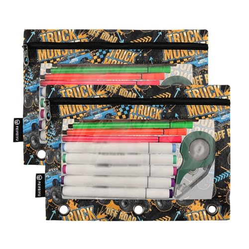 Emelivor Truck Cool Black Pencil Pouch for 3 Ring Binder 2 Pack Large Capacity Pencil Pouches with Zipper Clear Binder Pencil Case Bag for Office College Daily Supplies - color: 26-Truck Cool