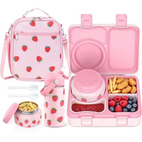 Bento Lunch Box for Kids Adult, Leakproof 3-4 Compartment Bento Box Set with Insulated Food Jar,Water Bottle, Lunch Bag, School Lunch Container for Toddler Teen Girls Boys Ages 3+(Strawberry) - color: Strawberry