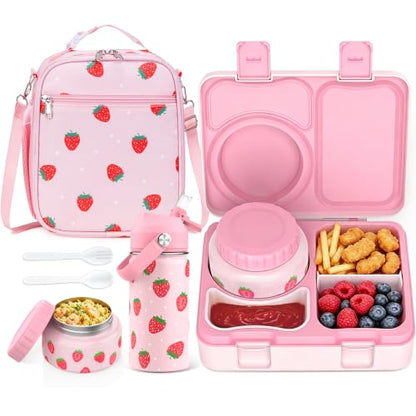 Bento Lunch Box for Kids Adult, Leakproof 3-4 Compartment Bento Box Set with Insulated Food Jar,Water Bottle, Lunch Bag, School Lunch Container for Toddler Teen Girls Boys Ages 3+(Strawberry) - color: Strawberry