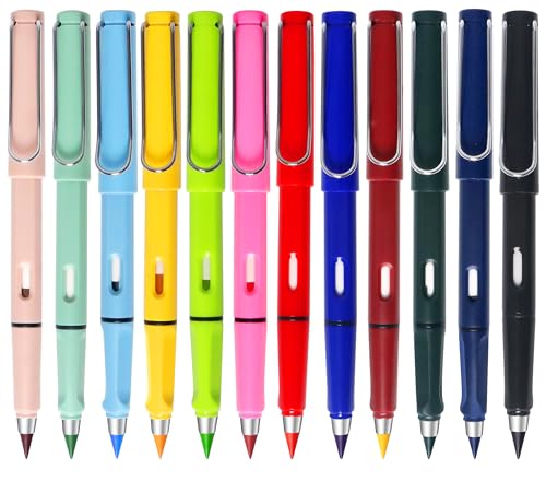 12Pack Forever Pencils for Kids Writing, Infinity Pencil Cute Inkless Everlasting Pencil with Eraser for Sketching (Colored) - style: Colored