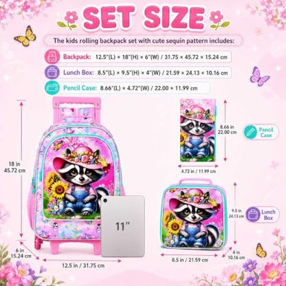 gxtvo Girls Rolling Backpack, Cute Raccoon Roller Wheels Kids Bookbag - Wheeled Elementary School Bag - 3PCS Raccoon - color: Uv Printing Raccoon Pink Rolling Backpack