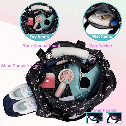 Dance Bag for Girls Ballet Duffle Gym Bag, Black Bow Print | Overnight Sleepover Bags, Sports Gym Bags, Shoe Compartment, Wet Pocket - color: Black Bow