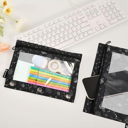 Space Planet Stars Moon Binder Pouches 3 Ring for Boys Girls School Office College Supplies Galaxy Black Universe Rocket Pencil Pouches Case Bag with Clear Window and Zipper 2 Pack - color: Space
