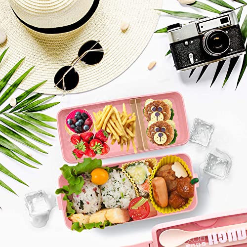 Bento Box Japanese Lunch Box Kit Leakproof Bento Lunch Box for Kids Adults Wheat Straw 3 Layer Stackable Lunch Containers with Compartment Eco-Friendly Meal Prep Containers (Pink) - color: Pink, size: 5Pcs
