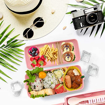 Bento Box Japanese Lunch Box Kit Leakproof Bento Lunch Box for Kids Adults Wheat Straw 3 Layer Stackable Lunch Containers with Compartment Eco-Friendly Meal Prep Containers (Pink) - color: Pink, size: 5Pcs