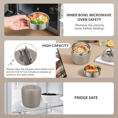 wiwens Thermo Food Jar for Hot Food Adults 32OZ Soup Thermo Lunch Containers Wide Mouth Vacuum Insulated Stainless Steel Leakproof Bento Box with Spoon (Khaki) - color: Khaki