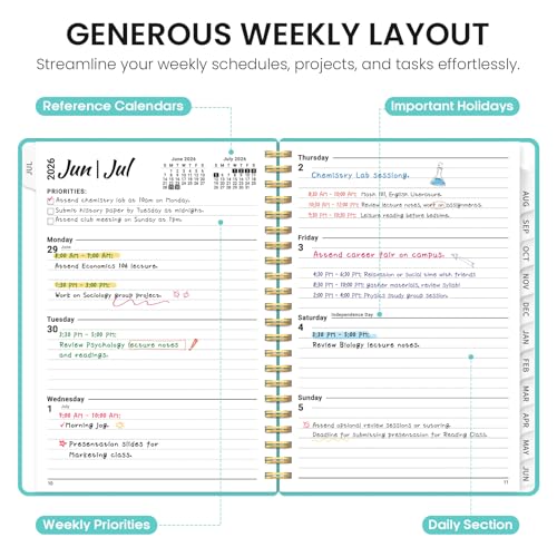 Planner 2026-2027, 6.3" x 8.5" Weekly and Monthly Academic Year Planner Calendar, July 2026 - June 2027, Hardcover Large School Planning Agenda With Tabs, Perfect for School & Office Supplies, A5, Aquamarine - color: E-Aquamarine, size: A5(6.3"x8.5")