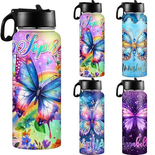 D-Story Insulated Water Bottle for Kids,Personalized Name 18oz Stainless Steel Butterfly Pattern Water Bottle for Girls Leak Proof Travel Sport Bottles Unique Gifts for Birthday,Back to School - color: Design 16