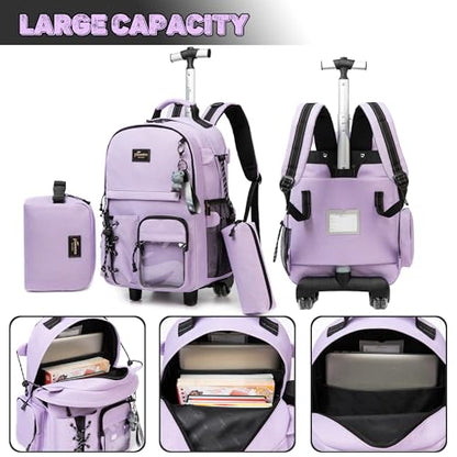 Rolling Backpack for School Glitter Backpack with Wheels Backpacks with Lunch Box Set Backpacks for Teens Girls Boys 3 in 1 Travel Schoolbag with Wheels Bookbag for School Supplies - color: Purple2